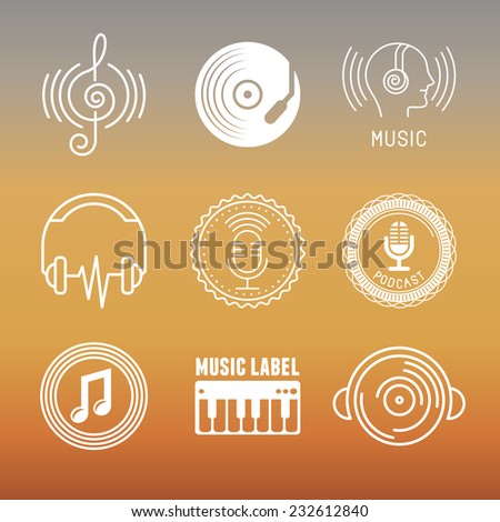 Vector musical logos and icons in outline style - set of design elements - music and audio concepts