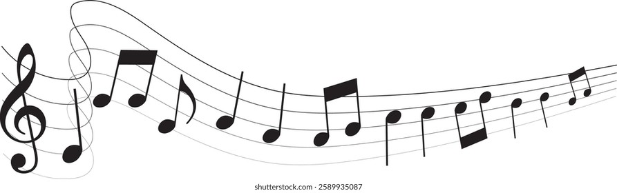 Vector musical melody with floating notes on staff lines. Elegant music score illustration for banners, posters, greeting cards, backgrounds, and creative projects