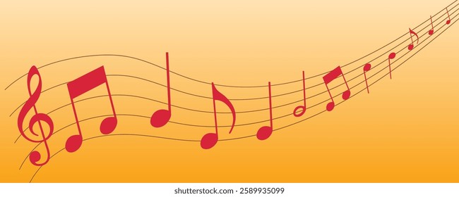 Vector musical melody with floating notes on staff lines. Elegant music score illustration for banners, posters, greeting cards, backgrounds, and creative projects