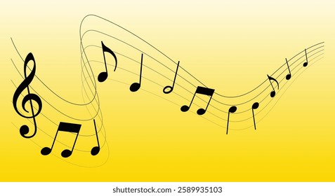 Vector musical melody with floating notes on staff lines. Elegant music score illustration for banners, posters, greeting cards, backgrounds, and creative projects