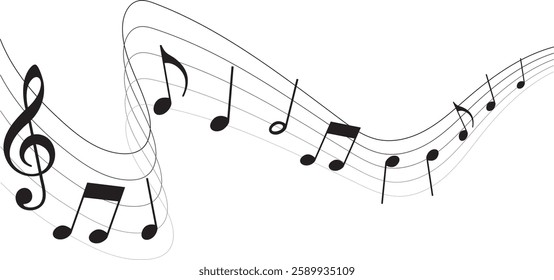 Vector musical melody with floating notes on staff lines. Elegant music score illustration for banners, posters, greeting cards, backgrounds, and creative projects