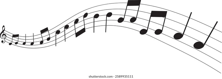 Vector musical melody with floating notes on staff lines. Elegant music score illustration for banners, posters, greeting cards, backgrounds, and creative projects