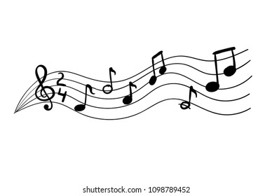 Vector Musical Notes, Doodle Hand Drawn Illustration, Black and White Image.