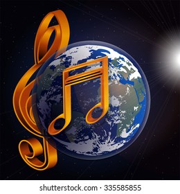 Vector musical notes and signs with the planet earth in space on background with stars and a bright glow. It can be used as a poster, advertising or separately.