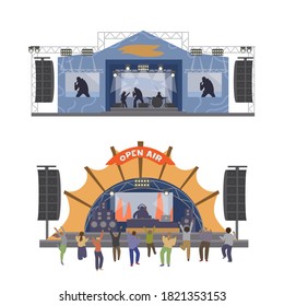 Vector Musical Open Air Festival Stages With People Dancing. Flat Vector Illustration. Isolated On white.