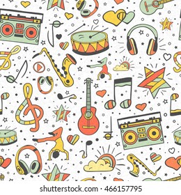 Vector musical pattern, doodle style. Seamless musical texture. Hand drawn design elements: notes,  headphones, player, musical instruments, lifestyle, music. Vintage music background.