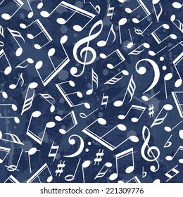 Vector musical pattern with notes. Grunge background with drops and splashes