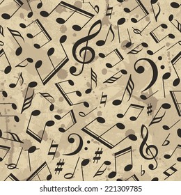 Vector musical pattern with notes Grunge background with drops and splashes