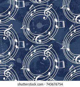 Vector musical pattern with notes. Grunge background with drops and splashes