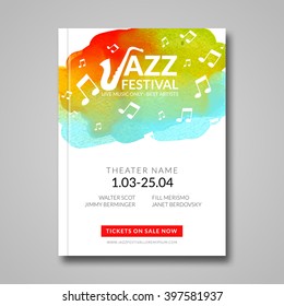 Vector musical poster design. Watercolor stain background. Jazz, rock style billboard template for card, brochure, banner