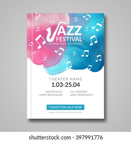 Vector musical poster design. Watercolor stain background. Jazz, rock style billboard template for card, brochure, banner