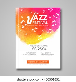 Vector musical poster design. Watercolor stain background. Jazz, rock style billboard template for card, brochure, banner