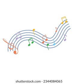 Vector musical symbols wave on white background.