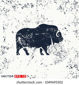 Vector musk ox silhouette view side on grunge background