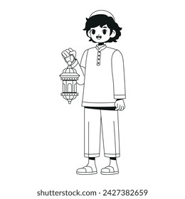 Vector Musulmán Niño Sosteniendo Linterna Dibujo Animado Ramadán Ilustración Aislado