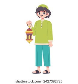 Vector Muslim Boy Holding Lantern Cartoon Ramadan Illustration Isolated