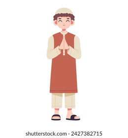Vector Musulmán Niño Rezando Dibujos Animados Ramadán Ilustración Aislado
