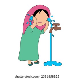 Vector of a Muslim child washing her ears. suitable for children's book illustrations.
