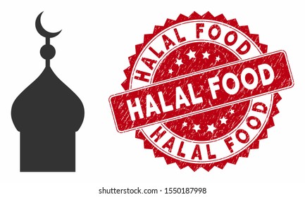 Vector muslim church icon and rubber round stamp seal with Halal Food text. Flat muslim church icon is isolated on a white background. Halal Food stamp seal uses red color and scratched surface.