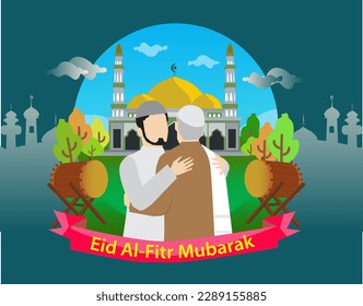 Vektor-Molim-Paar umarmte Entschuldigung in Moschee und betteln in hellbewölktem blauen Himmel während feiern glückliche eid al fitr Mubarak flachen Stil