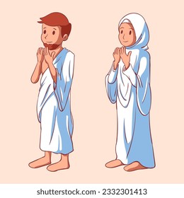 Vector muslim couple wearing ihram with praying pose in cartoon style by pxlgraph. Perfect for background, poster, greeting card, banner, and social media design.