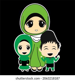 VECTOR OF MUSLIM FAMILY BOY AND GIRL WITH HIS MOTHER GREEN THEME