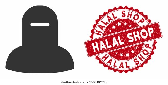 Vector muslim hijab icon and rubber round stamp seal with Halal Shop caption. Flat muslim hijab icon is isolated on a white background. Halal Shop stamp seal uses red color and grunge surface.