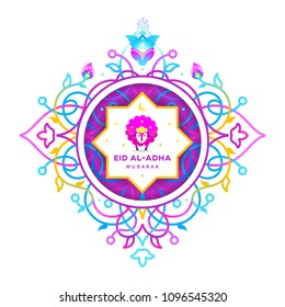 Vector muslim holiday Eid al-Adha card. Banner with sheep, calligraphy, moon for happy sacrifice celebration.  Islamic greeting illustration. Traditional holiday. Decor in Eastern style.