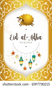 Vector muslim holiday Eid al-Adha card. Banner with sheep, calligraphy, moon for happy sacrifice celebration. Islamic greeting illustration. Traditional holiday. Decoration in Eastern style.