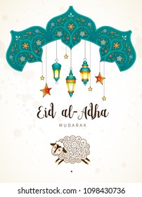Vector muslim holiday Eid al-Adha card. Banner with sheep, calligraphy, moon for happy sacrifice celebration. Islamic greeting illustration. Traditional holiday. Decoration in Eastern style.