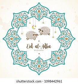 Vector muslim holiday Eid al-Adha card. Banner with sheep, calligraphy, moon for happy sacrifice celebration. Islamic greeting illustration. Traditional holiday. Decoration in Eastern style.