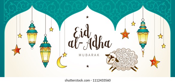 Vector muslim holiday Eid al-Adha card. Banner with sheep, lanterns, calligraphy, moon for happy sacrifice celebration. Islamic greeting illustration. Traditional holiday. Decoration in Eastern style.