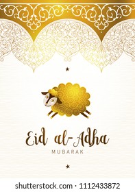 Vector muslim holiday Eid al-Adha card. Banner with sheep, golden decor, calligraphy for happy sacrifice celebration. Islamic greeting illustration. Traditional holiday. Decoration in Eastern style.