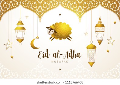 Vector muslim holiday Eid al-Adha card. Banner with sheep, golden decor, calligraphy for happy sacrifice celebration. Islamic greeting illustration. Traditional holiday. Decoration in Eastern style.
