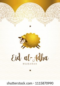 Vector muslim holiday Eid al-Adha card. Banner with sheep, golden decor, calligraphy for happy sacrifice celebration. Islamic greeting illustration. Traditional holiday. Decoration in Eastern style.