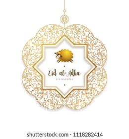 Vector muslim holiday Eid al-Adha card. Banner with sheep, golden frame, calligraphy for happy sacrifice celebration. Islamic greeting illustration. Traditional holiday. Decoration in Eastern style. Vector muslim holiday Eid al-Adha card. Banner with sheep, golden frame, calligraphy for happy sacrifice celebration. Islamic greeting illustration. Traditional holiday. Decoration in Eastern style.