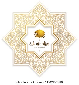Vector muslim holiday Eid al-Adha card. Banner with sheep, golden frame, calligraphy for happy sacrifice celebration. Islamic greeting illustration. Traditional holiday. Decoration in Eastern style.