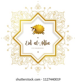 Vector muslim holiday Eid al-Adha card. Banner with sheep, golden outline frame, calligraphy for happy sacrifice celebration. Islamic illustration. Traditional holiday. Decoration in Eastern style.