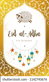Vector muslim holiday Eid al-Adha card. Golden banner with sheep, calligraphy, lanterns for happy sacrifice celebration. Islamic greeting illustration. Traditional holiday. Decoration in Eastern style