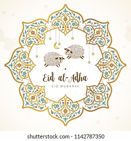 Vector muslim holiday Eid al-Adha card. Banner with sheeps, calligraphy, moon for happy sacrifice celebration. Islamic greeting illustration. Traditional holiday. Decoration in Eastern style. Vector muslim holiday Eid al-Adha card. Banner with sheeps, calligraphy, moon for happy sacrifice celebration. Islamic greeting illustration. Traditional holiday. Decoration in Eastern style.