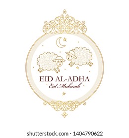 Vector muslim holiday Eid al-Adha card. Banner with sheep, golden outline frame, calligraphy for happy sacrifice celebration. Islamic illustration. Traditional holiday. Decoration in Eastern style.