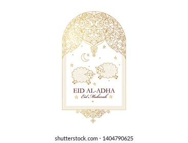Vector muslim holiday Eid al-Adha card. Banner with sheep, golden outline frame, calligraphy for happy sacrifice celebration. Islamic illustration. Traditional holiday. Decoration in Eastern style.
