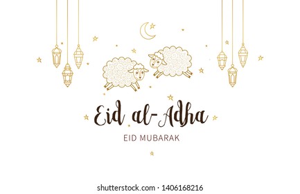 Vector muslim holiday Eid al-Adha card. Banner with sheep, golden outline mosque, lanterns, calligraphy for happy sacrifice celebration. Islamic illustration. Decoration in Eastern style.