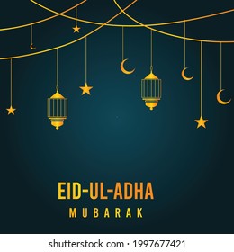 Vector muslim holiday Eid al-Adha card. Banner with crescent, stars and lanterns. golden decor, Islamic greeting illustration. Traditional holiday. Decoration in Eastern style.
