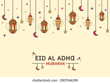 Vektor muslimischen Urlaub Eid al-Adha Karte. Vektorgrafik.Vektorgrafik des arabischen Eid al-Adha Gruß mit islamischem Muster. flacher Hintergrund.  Eid al-Adha. kann für Banner und Grußkarten verwendet werden.
