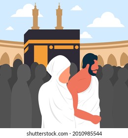 Vector of a muslim husband and wife doing tawaf around the kaaba, Template, Vector illustration eps.10