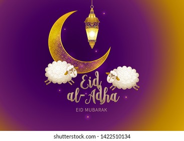 Vector muslim illustration Eid al-Adha card. Banner with golden crescent, sheeps, lantern, calligraphy for happy sacrifice celebration.Traditional Islamic holiday. Arabic decoration in Eastern style.