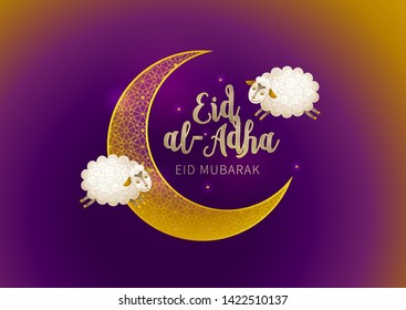 Vector muslim illustration Eid al-Adha card. Banner with golden crescent, sheeps, calligraphy for happy sacrifice celebration. Traditional Islamic holiday. Arabic decoration in Eastern style.