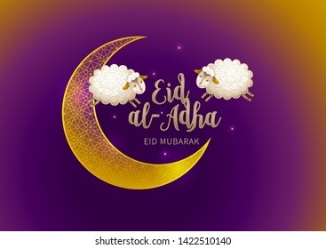 Vector muslim illustration Eid al-Adha card. Banner with golden crescent, sheeps, calligraphy for happy sacrifice celebration. Traditional Islamic holiday. Arabic decoration in Eastern style.