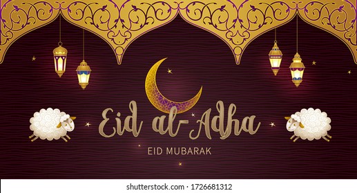 Vector muslim illustration Eid al-Adha card. Banner with golden crescent, sheep, arch, calligraphy for happy sacrifice celebration. Traditional Islamic holiday. Kurban Bayraminiz. Arabic pattern.